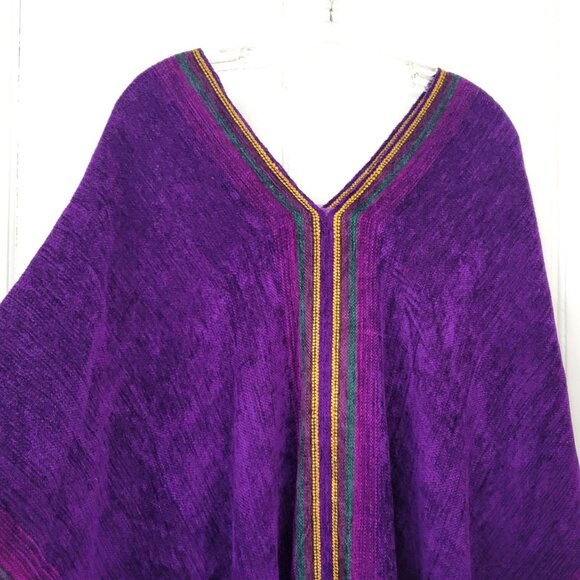 Handwoven Artisan Purple Chenille Poncho With Fringe Trim & Multicolor Stripes - Picture 2 of 8